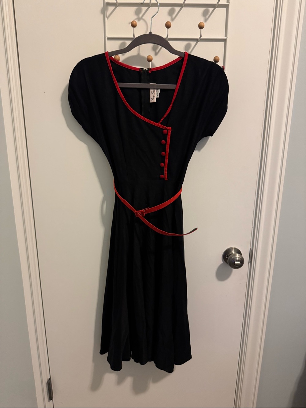 Stop Staring Black Midi Dress with Red Trim and Buttons